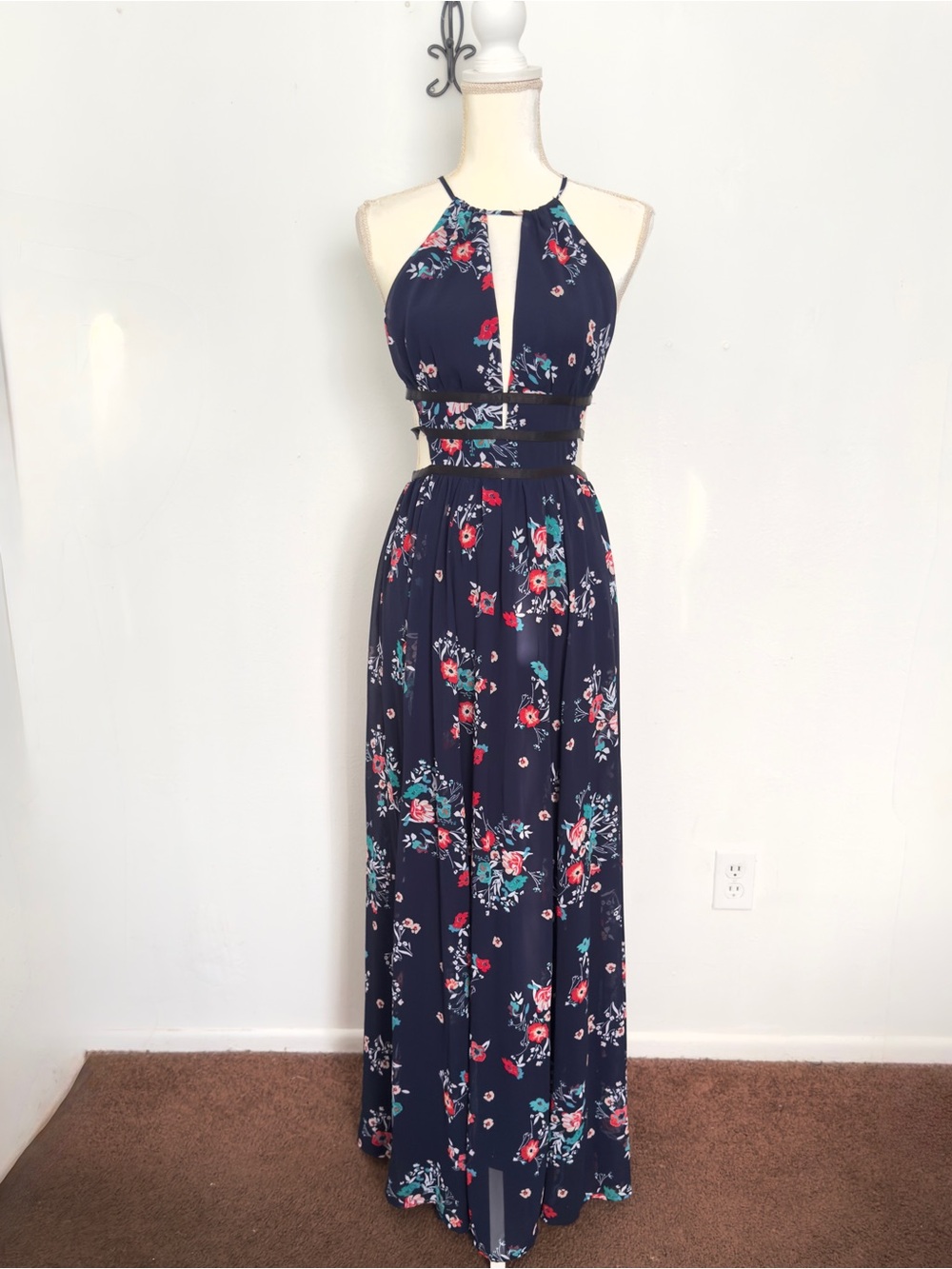 Express Floral Halter MaxiDress NavyBlue Caged Waist Cut Out Sexy Festival Small